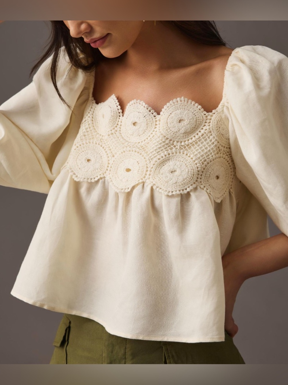 Anthropologie Cream Crochet Yoke Puff Sleeve Top